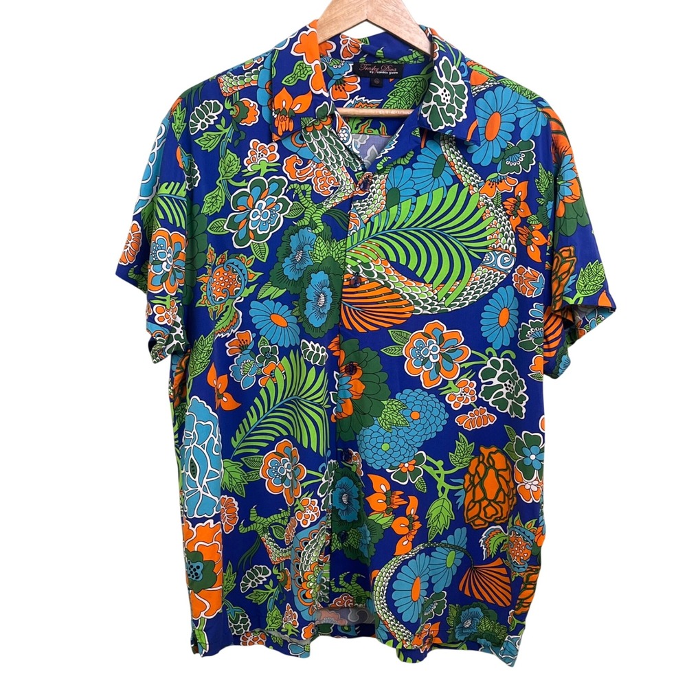 Trashy Diva Freddy Bright Multicolored Dragon Floral Hawaiian Graphic Shirt XXL